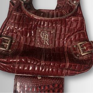 Elegant Kathy Van Zeeland Burgundy Crocodile-Embossed Handbag & Matching Wallet